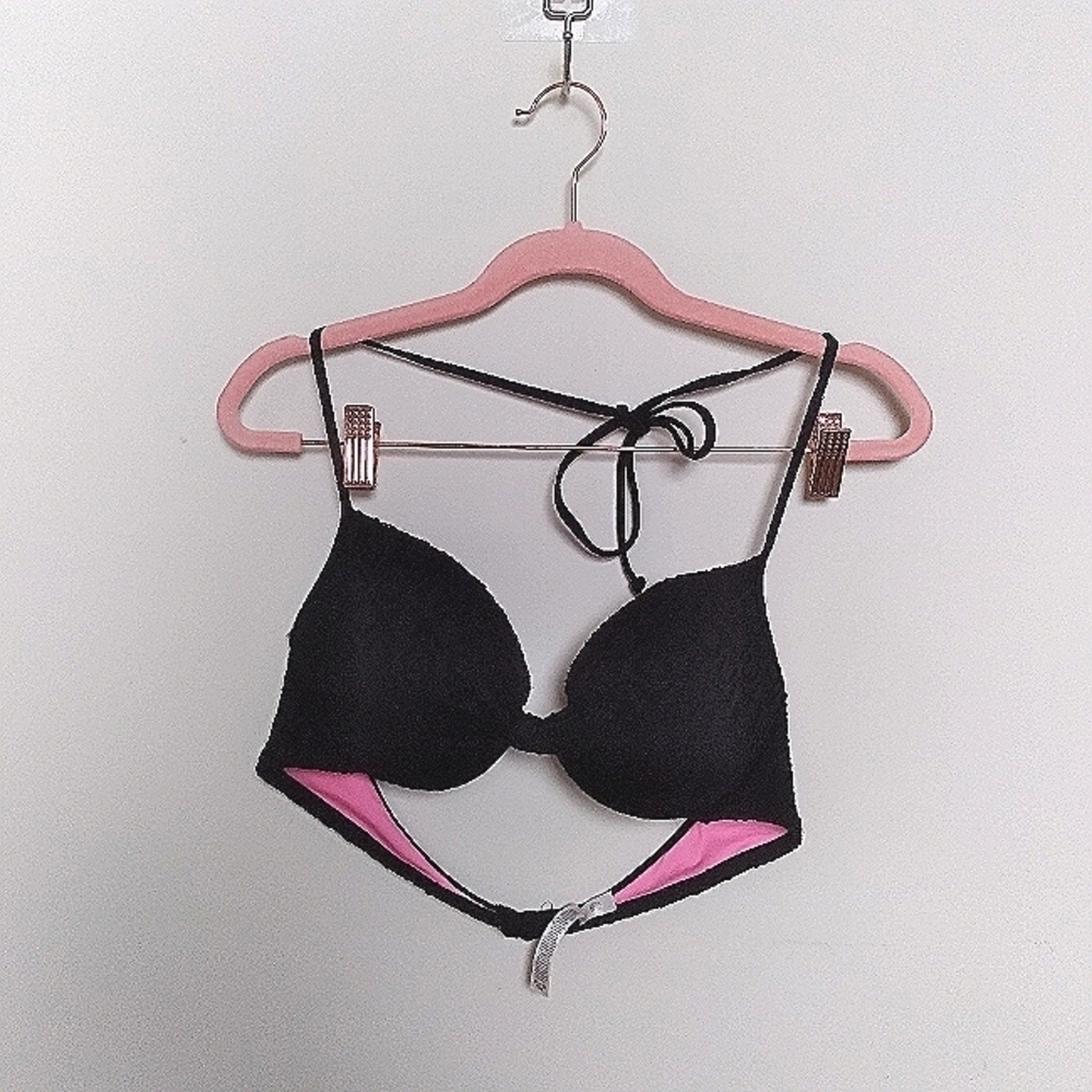 Pink Victoria's Secret Black Crochet Lace Push Up Bikini Top Size Large